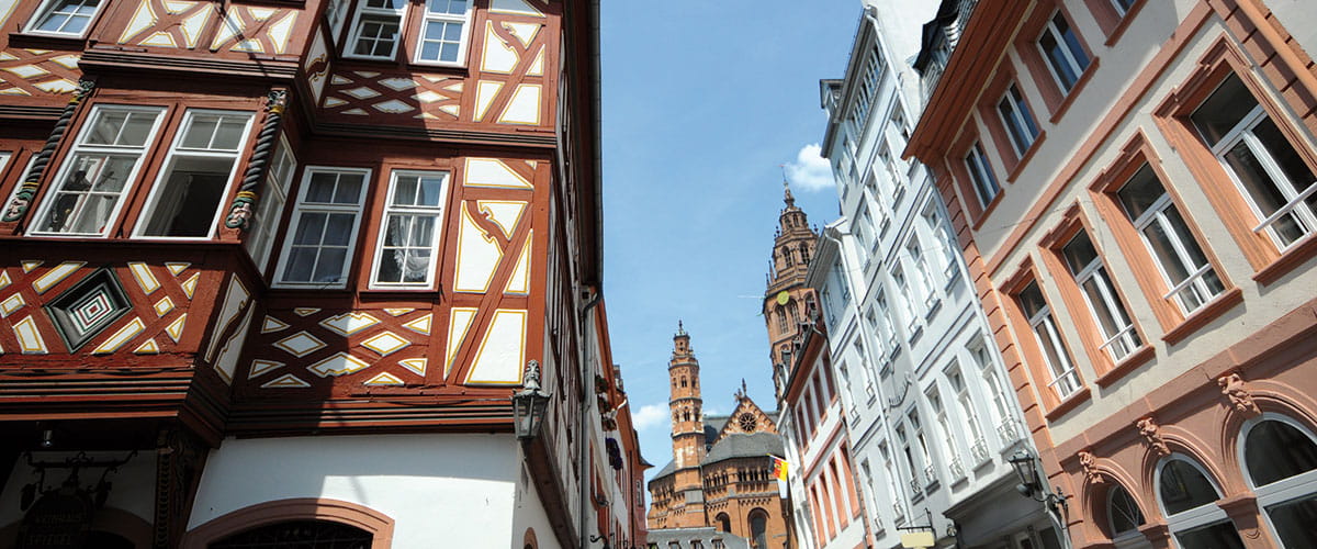 A view up towards the buildings of Mainz, Germany